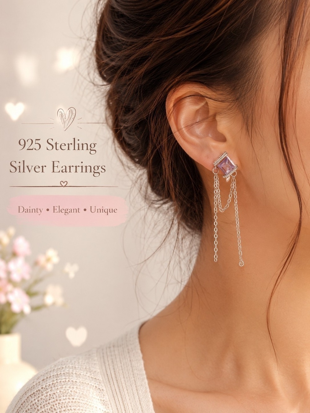 925 Sterling Silver Pink Crystal Drop Earrings